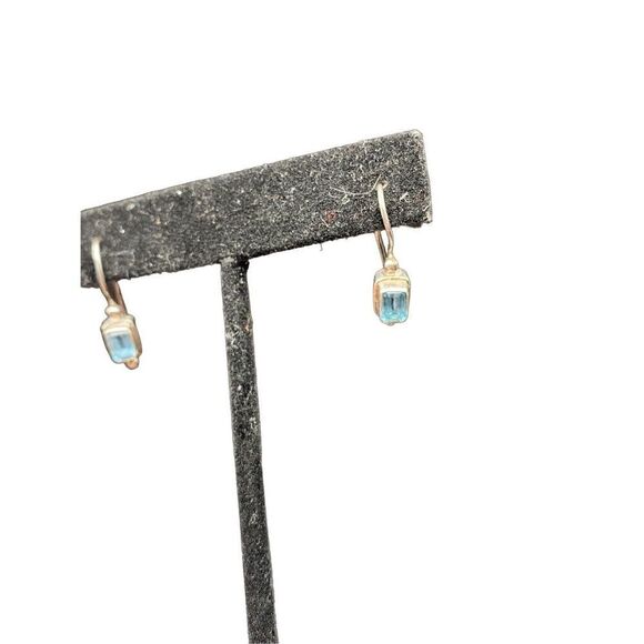 Sterling silver 925 Blue topaz emerald shaped dangle earrings wire fishhook with - Picture 5 of 12